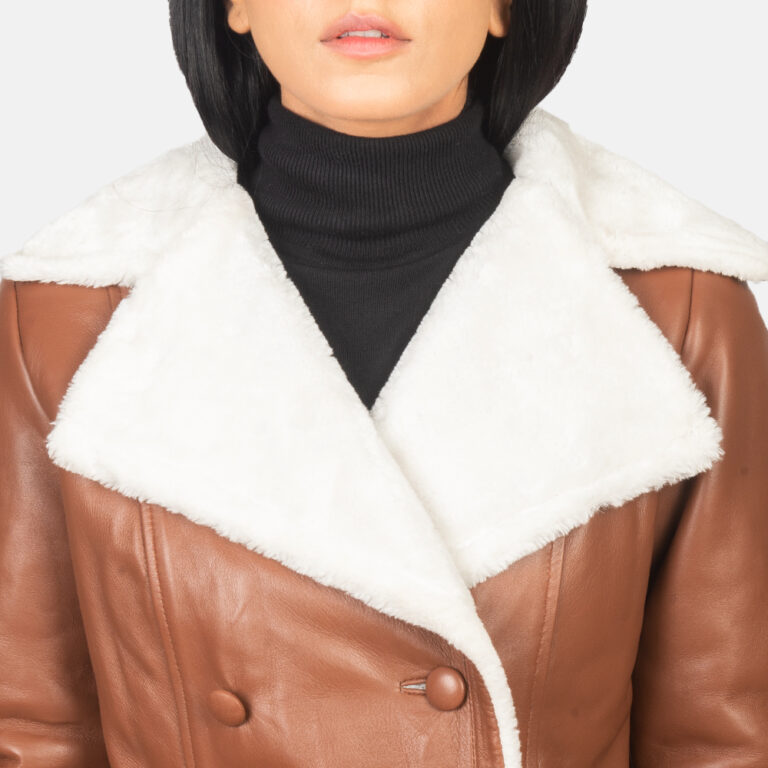 Womens Amie Brown Double Breasted Shearling Coat Close-Up-9-1652199388435